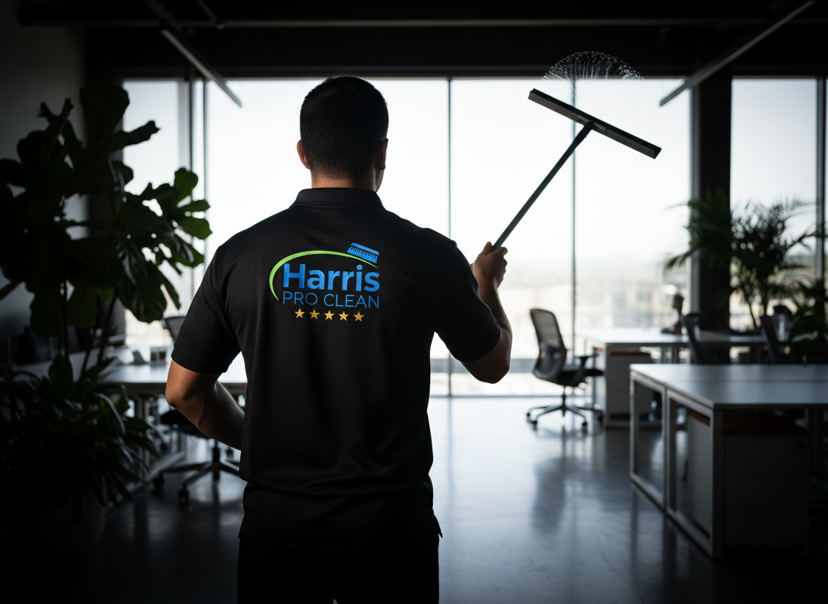 Cinematic wide-angle photo of a professional commercial cleaner in a modern corporate office, cleaning large floor-to-ceiling glass windows with a long-handled squeegee. The cleaner is facing away from the camera toward the windows, wearing a solid black professional polo shirt. On the upper back of the shirt is the Harris Pro Clean logo — exactly as shown in the reference image: blue "Harris" text, "PRO CLEAN" below it, a green swoosh/arc, blue cleaning brush icon at top, and gold five stars — printed realistically on the fabric with natural lighting, slight fabric texture, and proper perspective. The office setting is dark and cinematic: deep shadows in the foreground, polished concrete floors, white desks, ergonomic chairs, lush green plants, bright natural light flooding through the floor-to-ceiling windows behind the cleaner creating a dramatic silhouette-contrast effect. Rich contrast, premium moody lighting, ultra sharp, photographic realism. NO text anywhere in the image — no watermarks, no "HarrisProclean" text overlay, no words at all. Commercial cleaning company hero image.